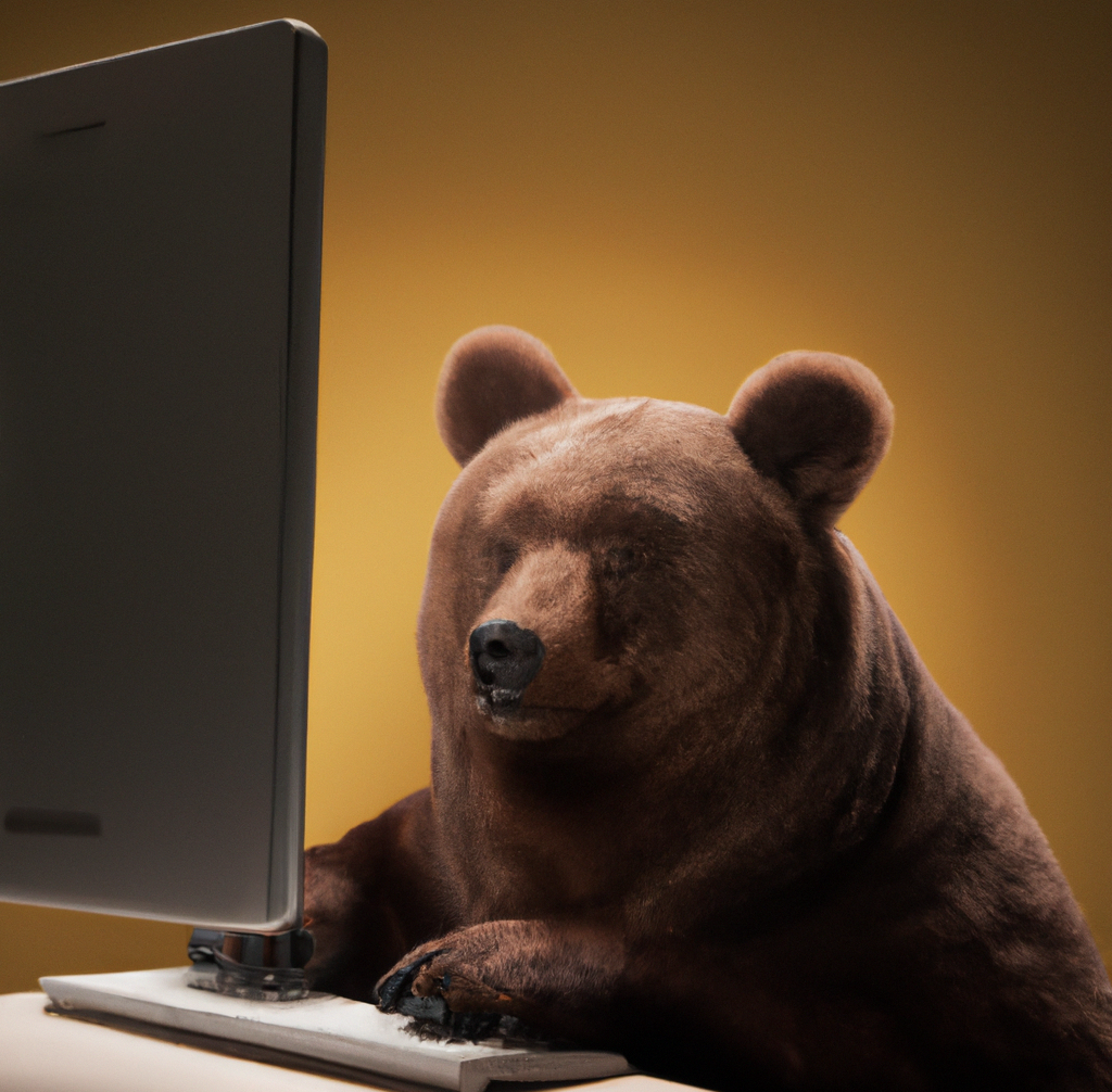 AI-generated image of a bear using a computer.
